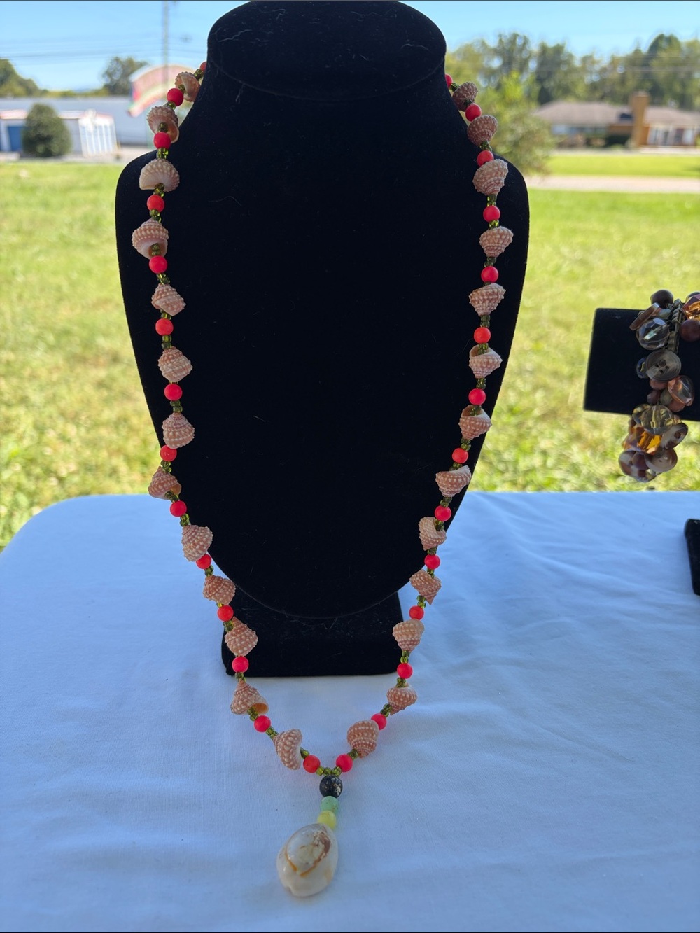 Handmade Pink Shell Beaded Necklace with Pendant